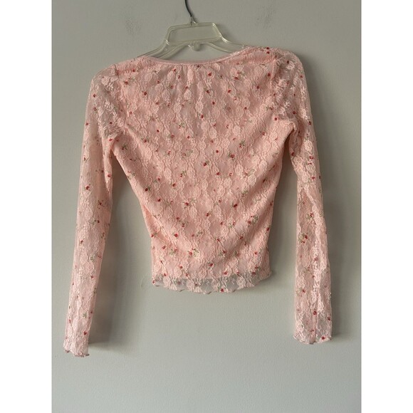 Thirty Thirty Pink Floral Rose Lace Top Mesh Sleeve Bow Detail Coquette Size S - Picture 2 of 11